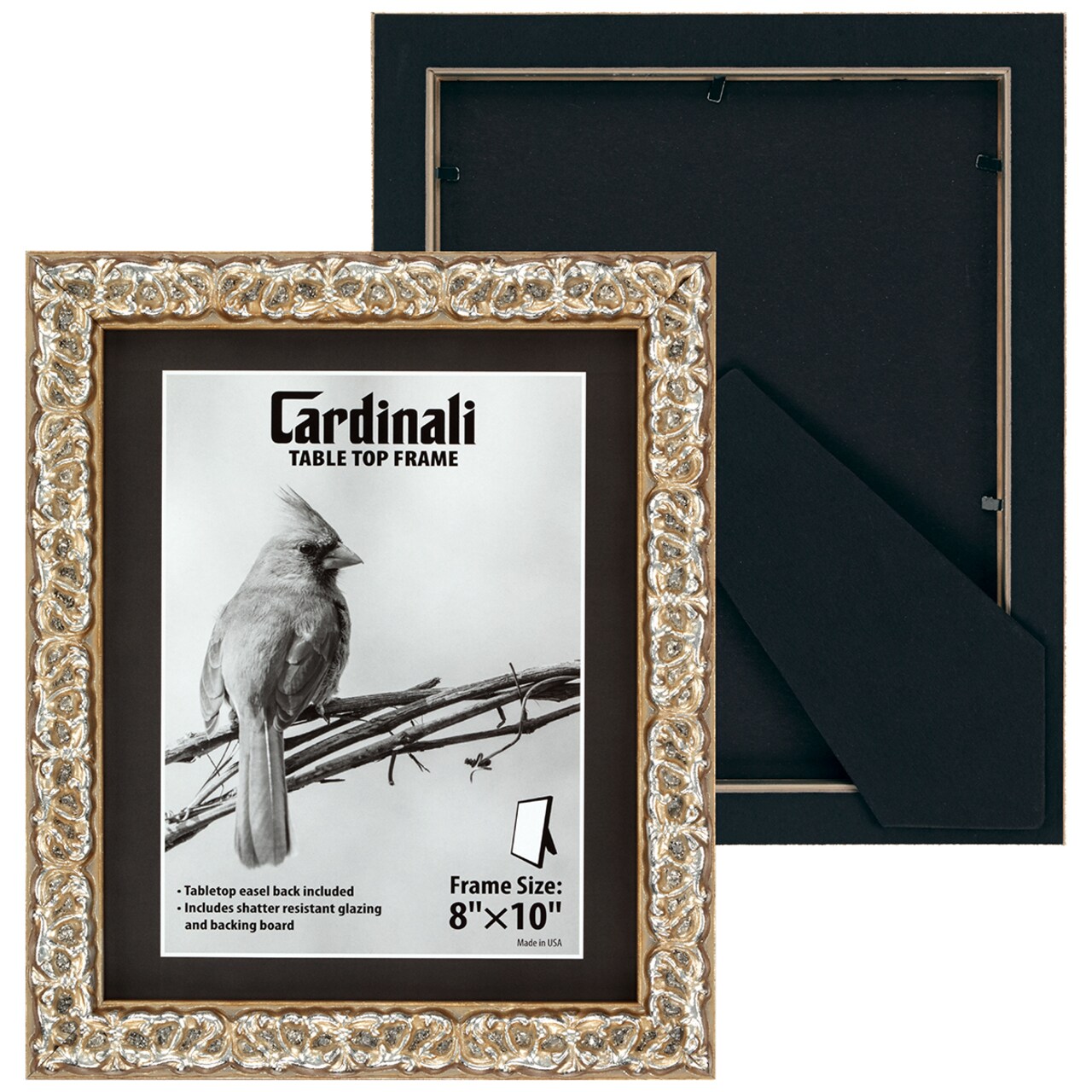 Cardinali Harper Tabletop Ornate Picture Frame, 8x10" Silver Vintage Frame Style, Hand-Finished, for Photos or Art, Standing Easel Back with Shatter-Resistant Acrylic Glazing & Acid-Free Backing